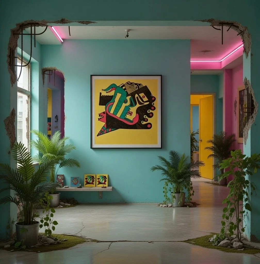 "False Security 100 / Environmental Awareness 0: Enjoy the Collapse".
Mixed media on thick cardstock panel with linen texture.