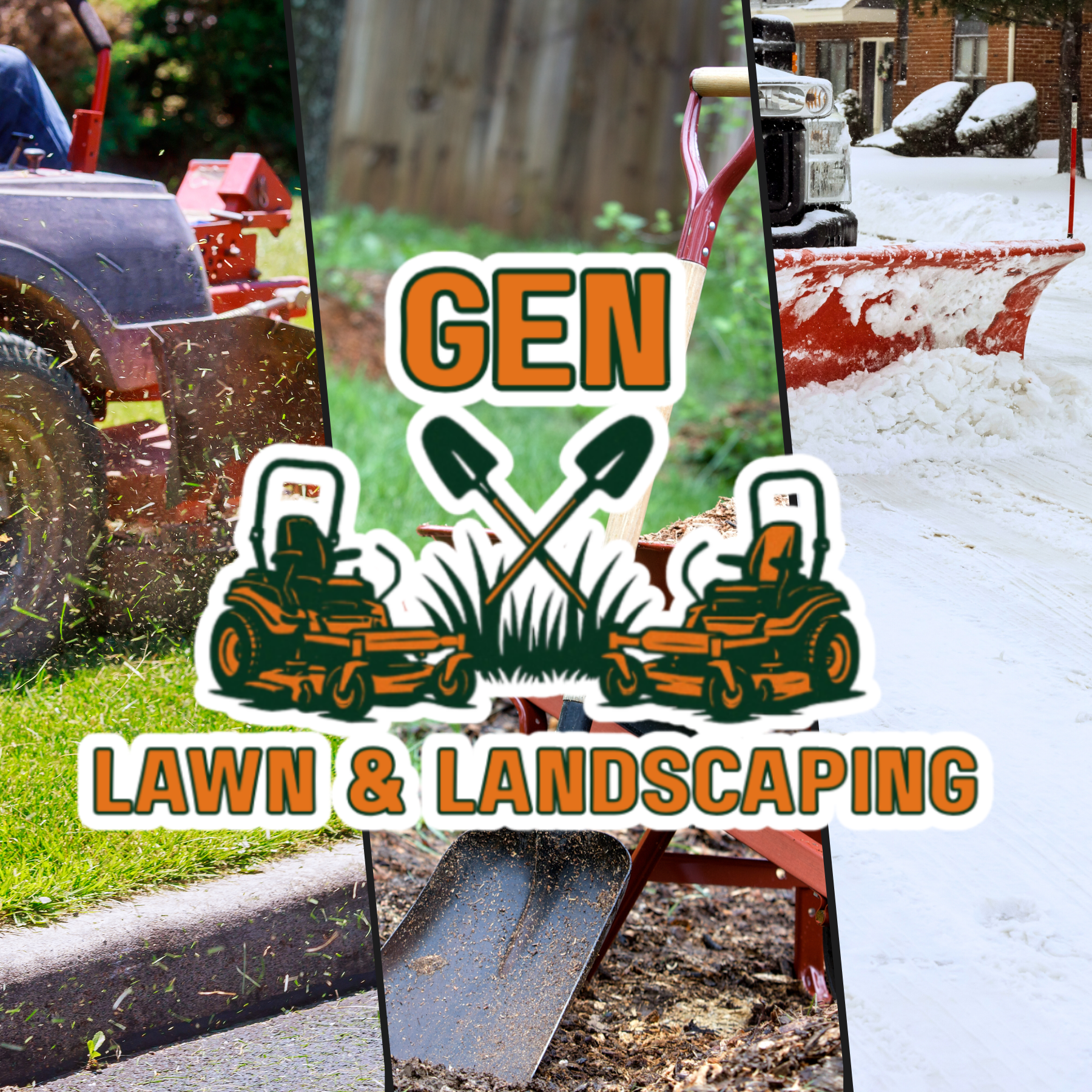 Logo for Gen X Lawn & Landscaping featuring stock photos of lawn equipment