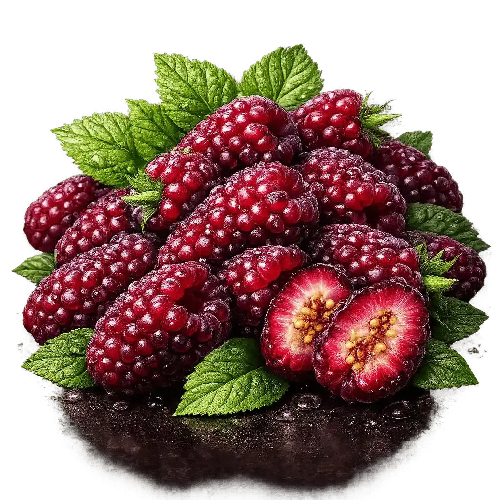 Juicy tayberries with glistening water droplets