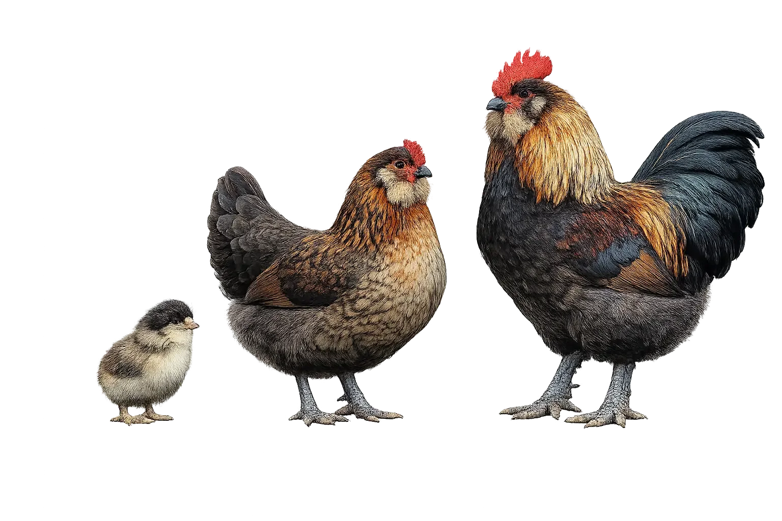 Ameraucana Bantam chickens showing chick, hen, and rooster with blue egg laying breed traits