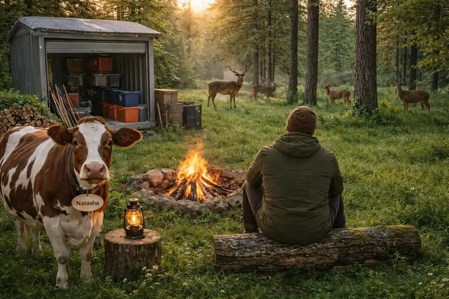 Man and Natasha by the campfire