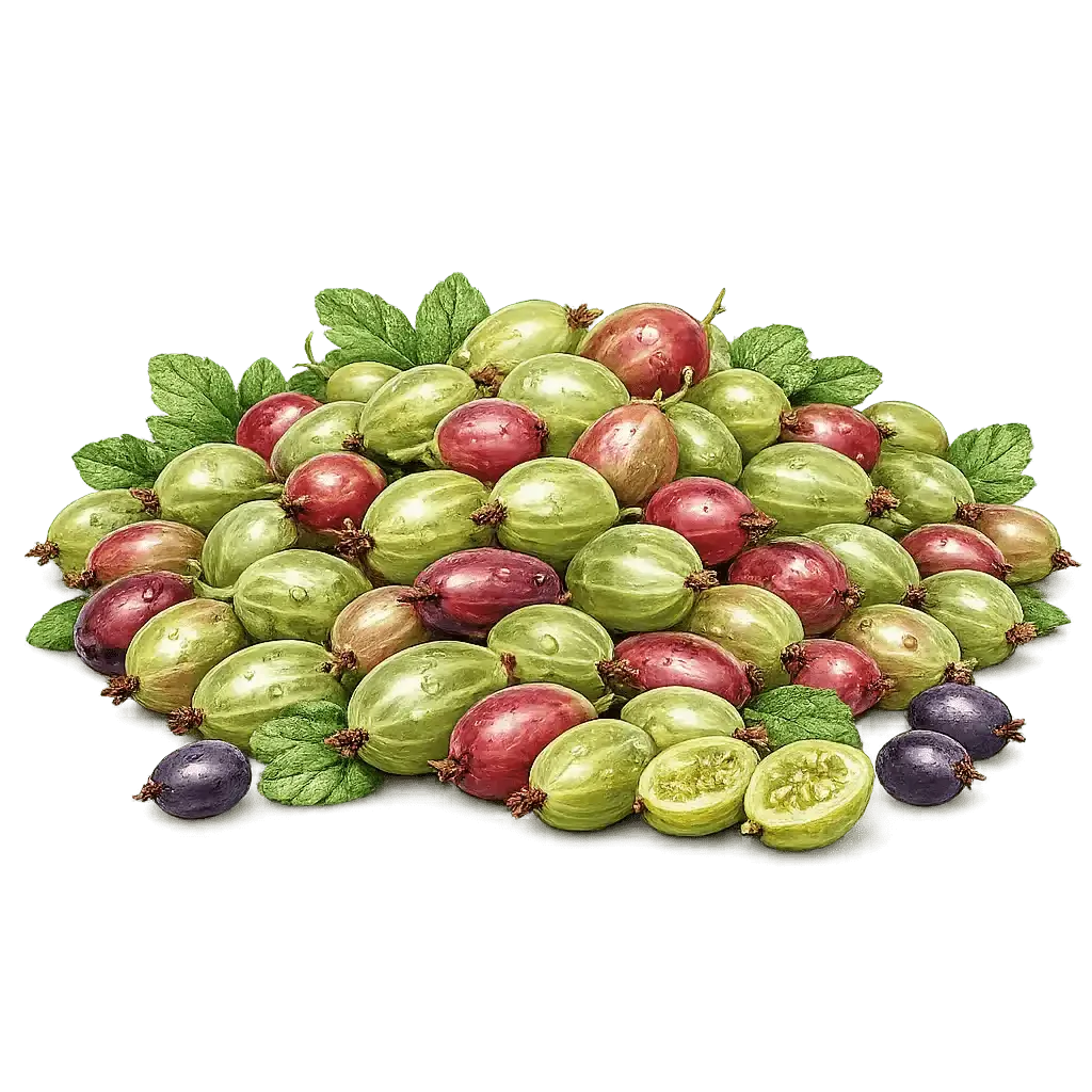 Fresh gooseberries with dewdrops and leaves