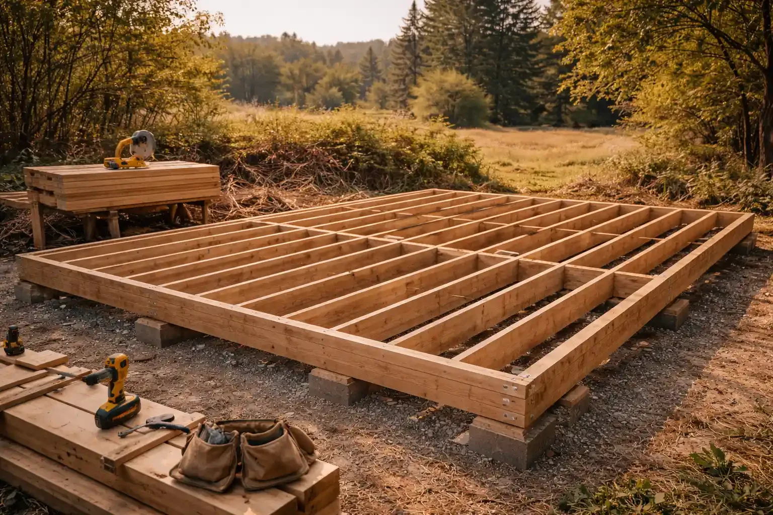 Wooden framework for a building under construction outdoors in a forested area during autumn.