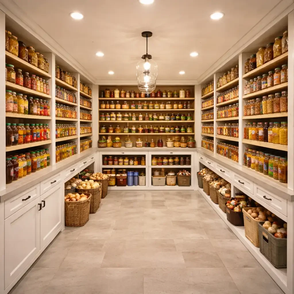 Pantry with white shelves filled with jars and baskets of onions.