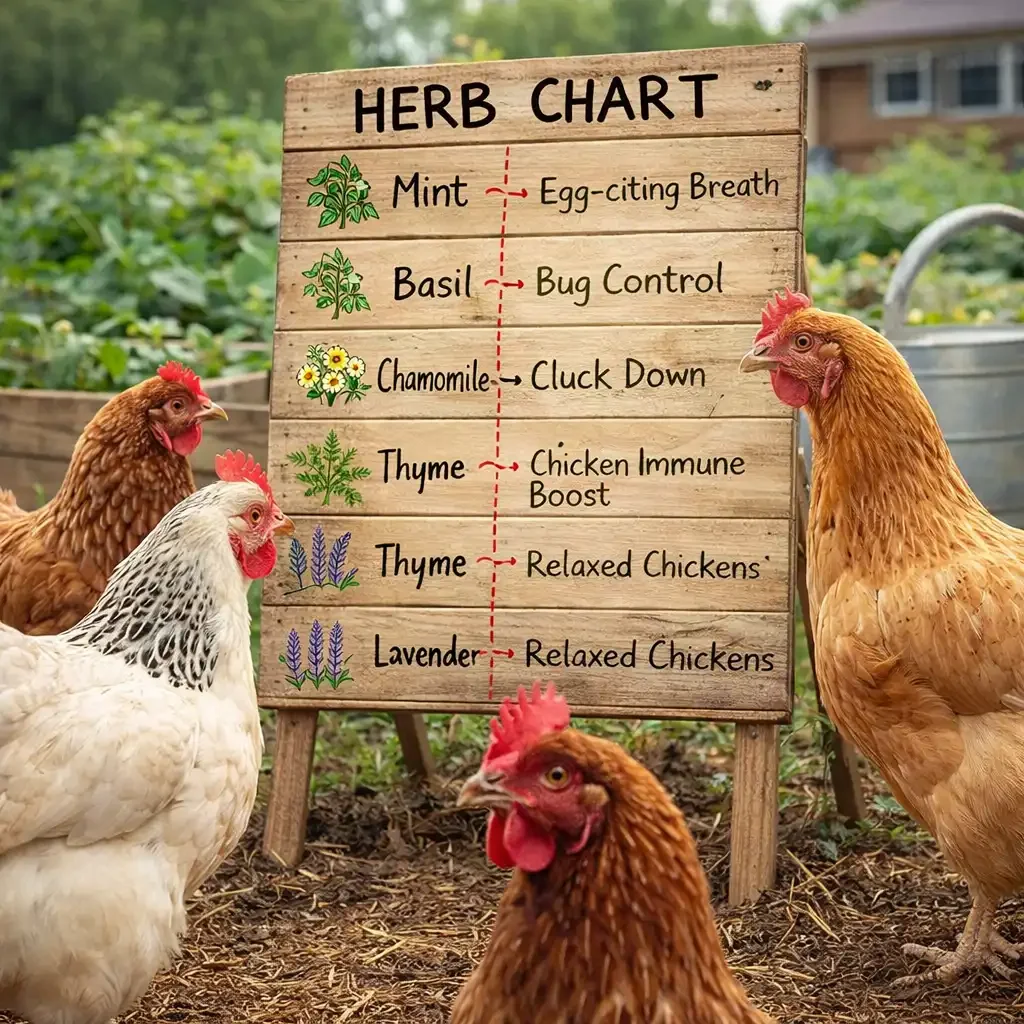 Chickens study their herb chart