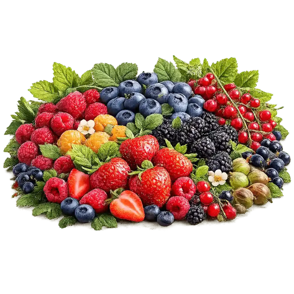 Vibrant berry medley with green leaves