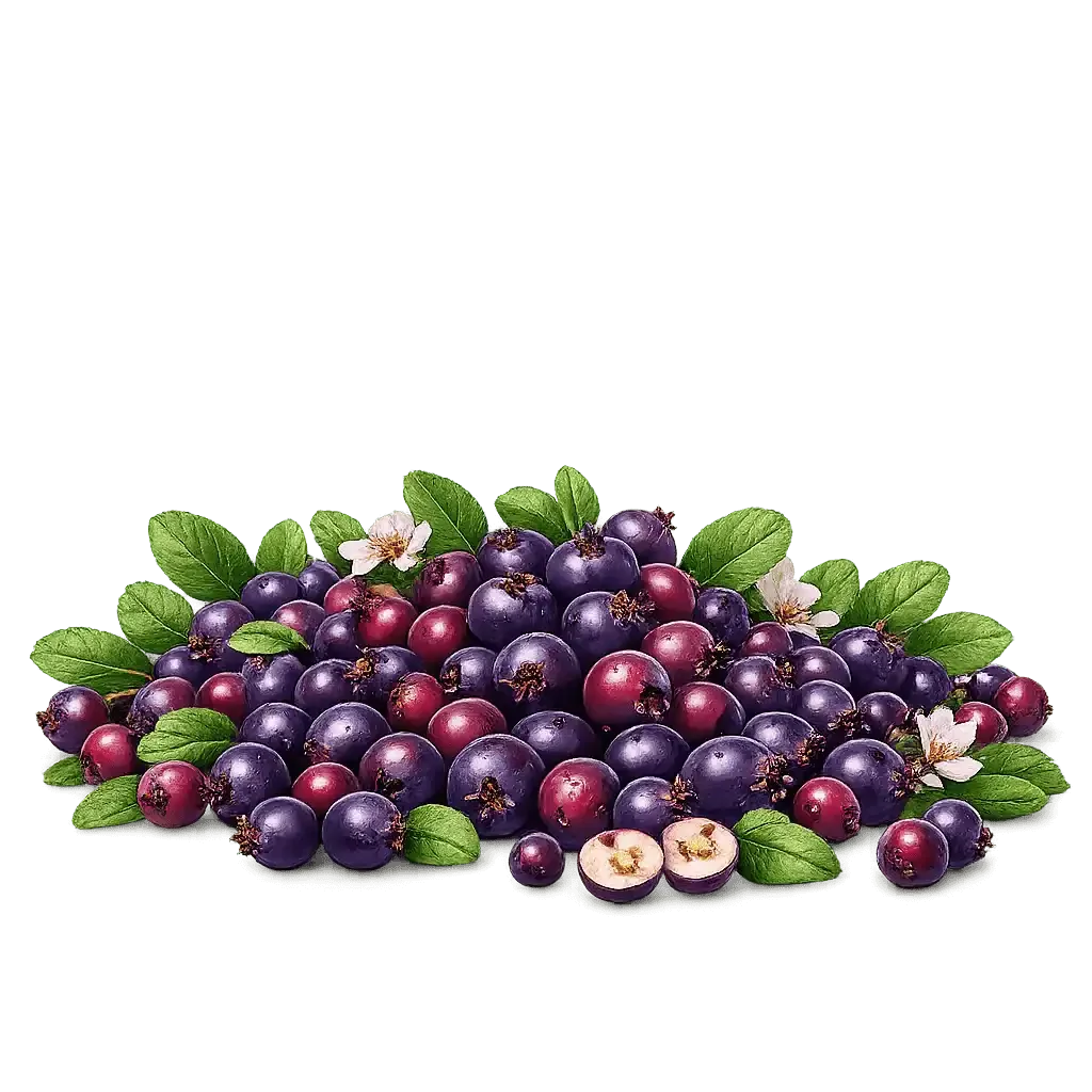 Ripe Juneberries Saskatoon with green leaves