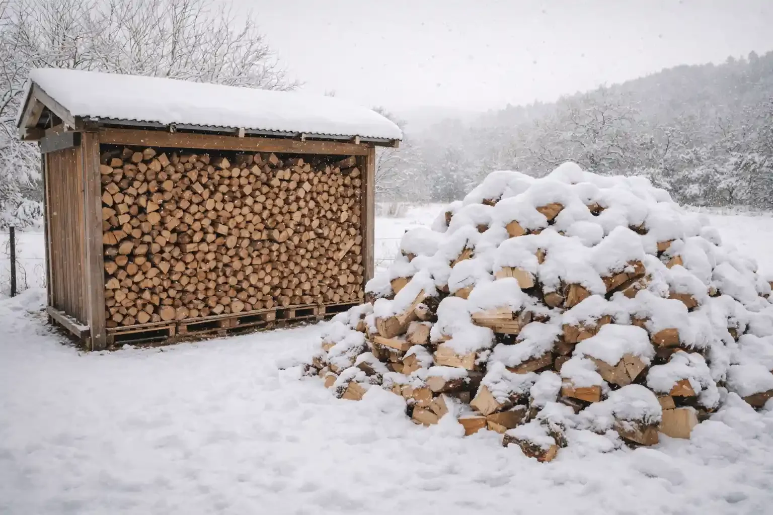 Stacked firewood under a small wooden shelter and a pile of firewood covered in snow in a snowy outdoor setting.
