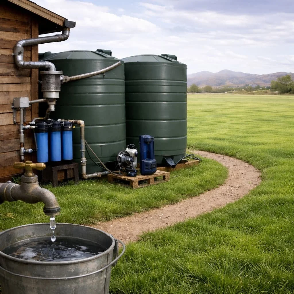 Rustic water collection system by cabin