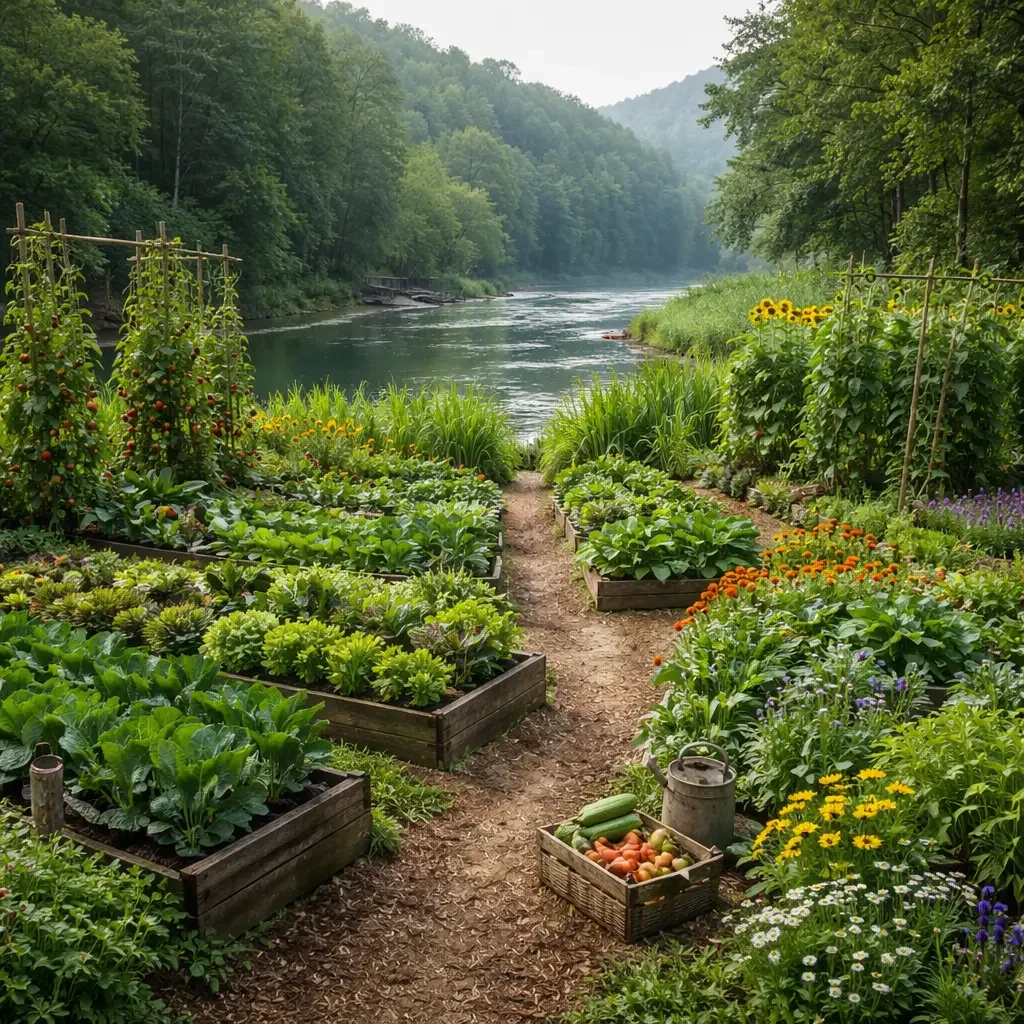 Serene riverside garden at dawn
