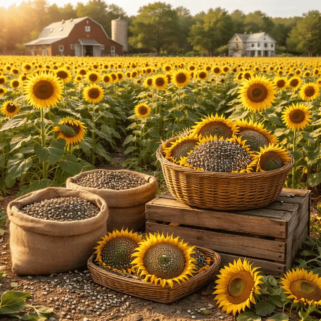Sunflower harvest at golden hour