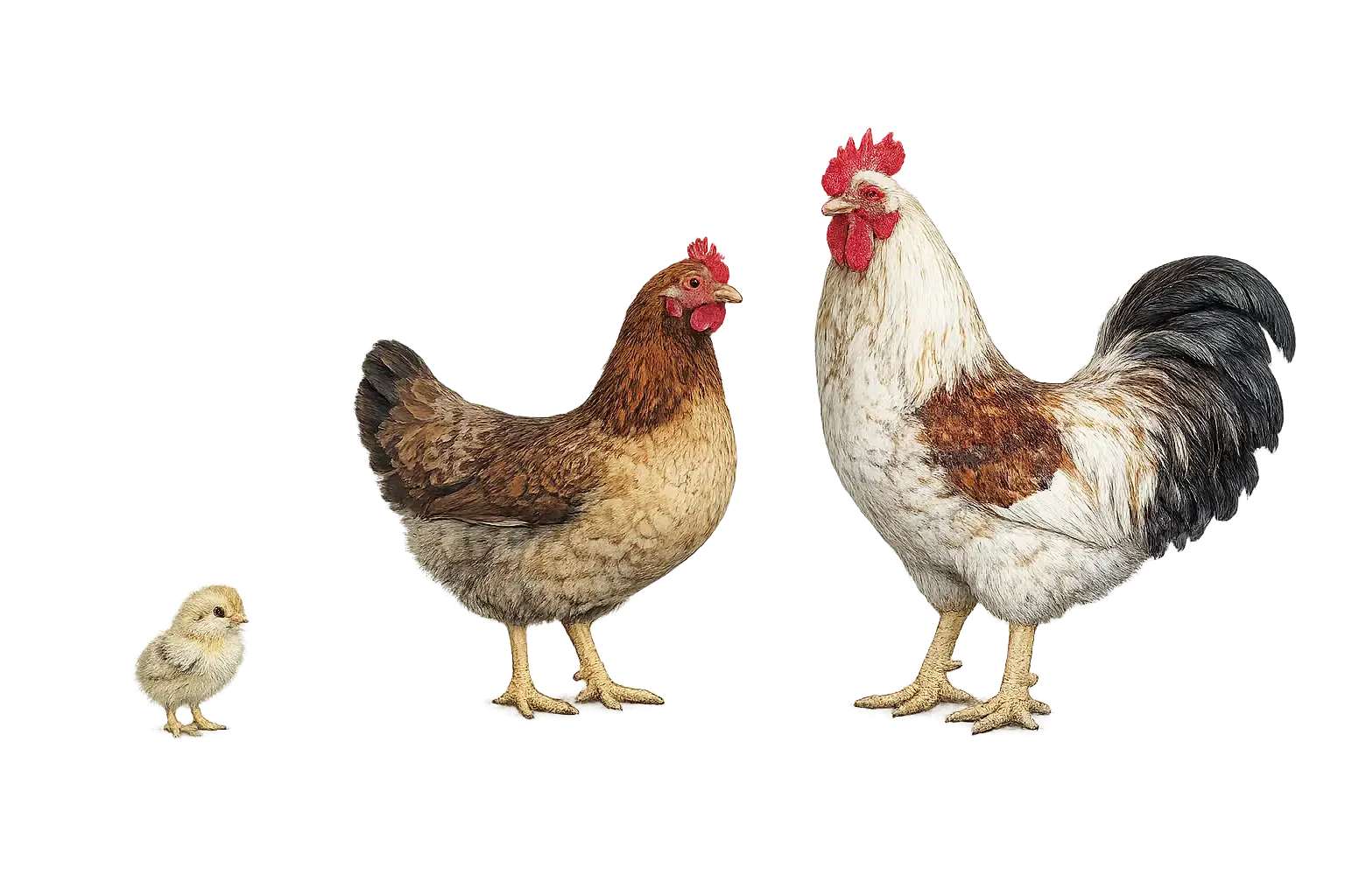 Meat-N-Egg Combo (Hatchery Line) chick, hen, and rooster on a transparent background