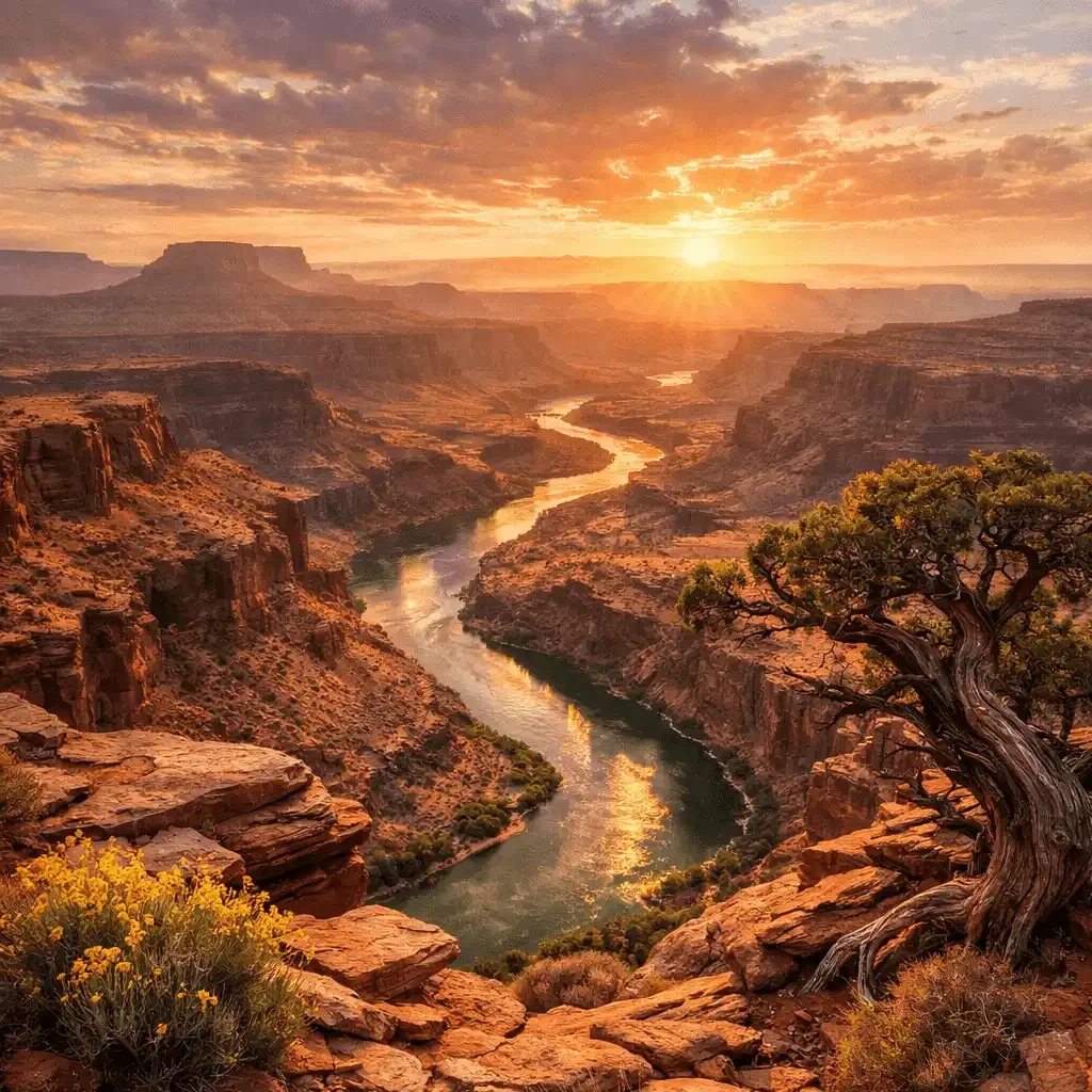Golden Sunset over the canyon River