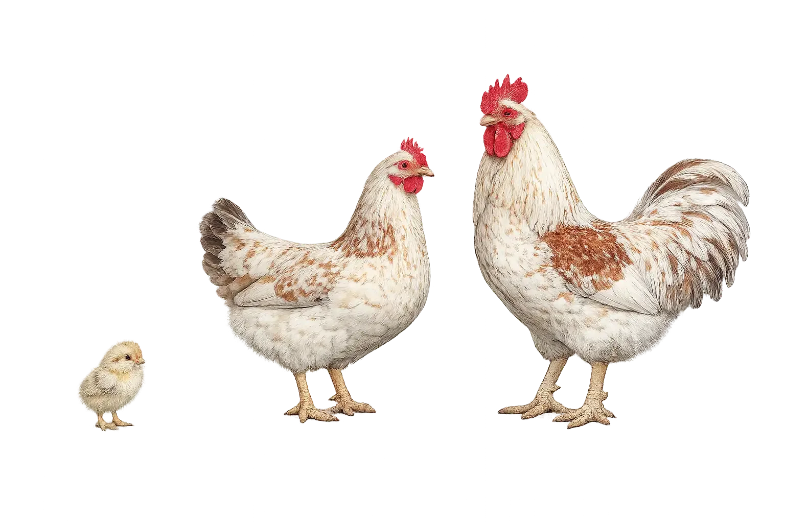 Murray’s Choice Layer (Hatchery Line) chick, hen, and rooster on a transparent background
