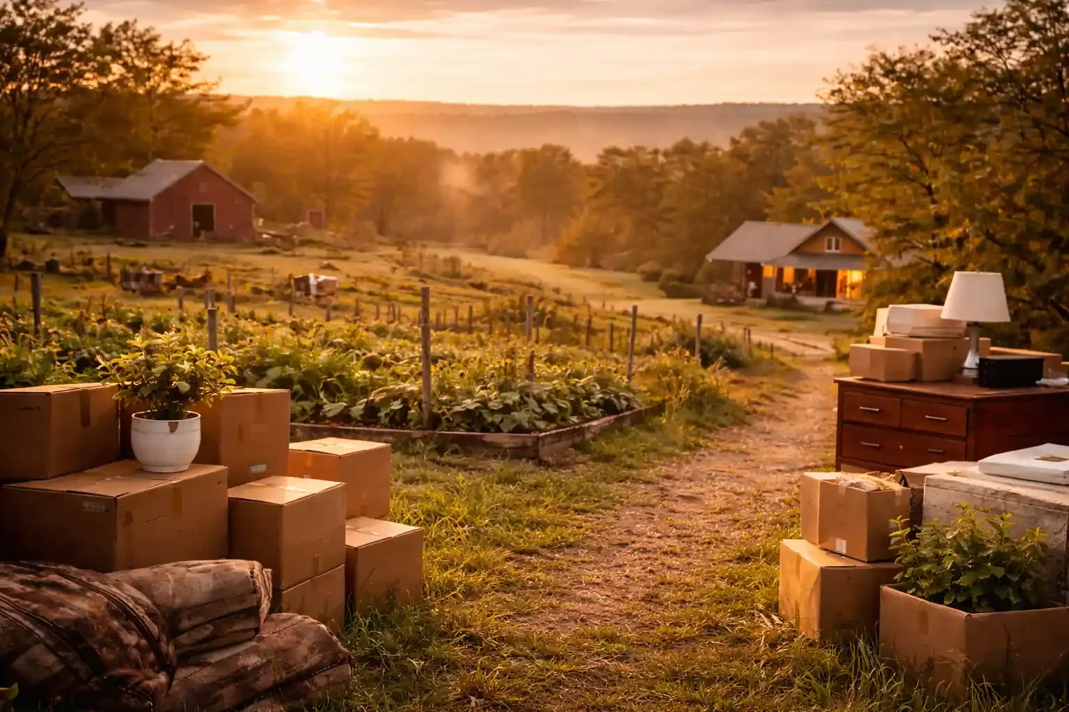 A rustic farm or countryside scene at sunset with stacked cardboard boxes, a potted plant, trunk, and lamp in the foreground, green fields with crops, farm buildings, and trees in the background.