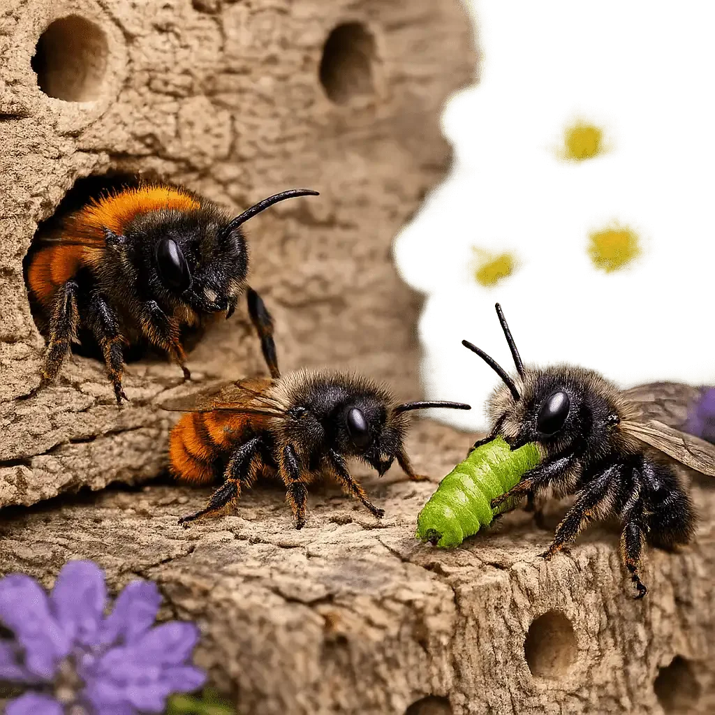 Mason bees weathered wood nest close-up