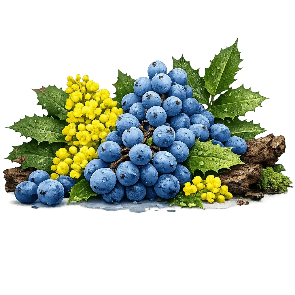 Oregon grape berries with yellow flowers
