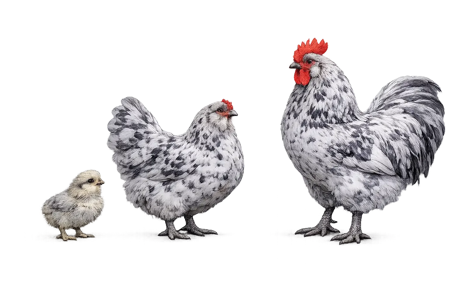 Splash Ameraucana Bantam chicken stages showing chick, hen, and rooster on a transparent background.