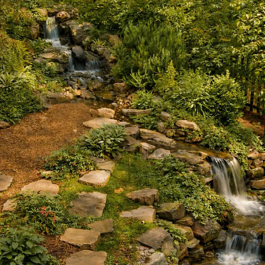Serene garden with cascading waterfall