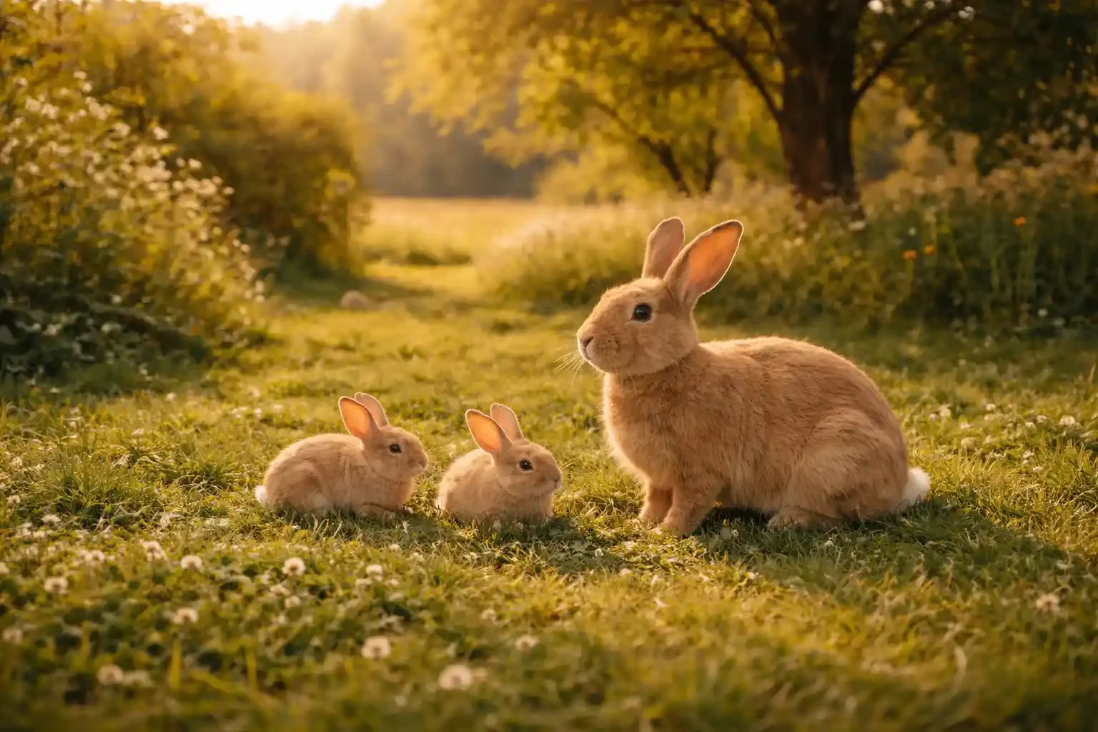 A mother rabbit with two baby rabbits sitting on grass in a park during sunset, with trees and a pathway in the background.
