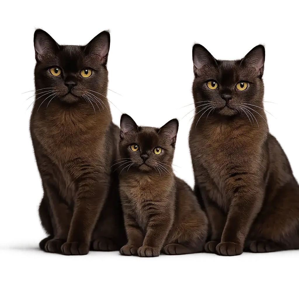 Burmese cat family portrait with kitten