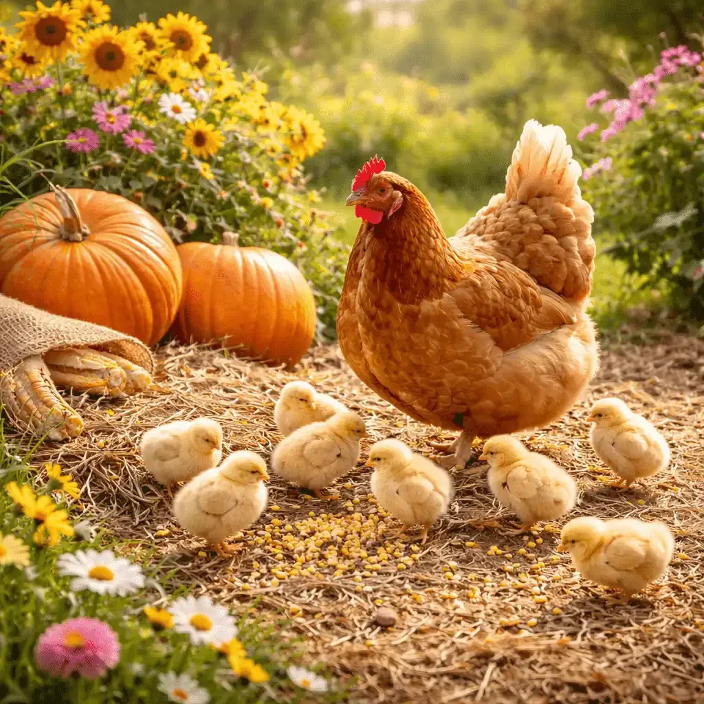 Farmyard harmony with pumpkins and chicks