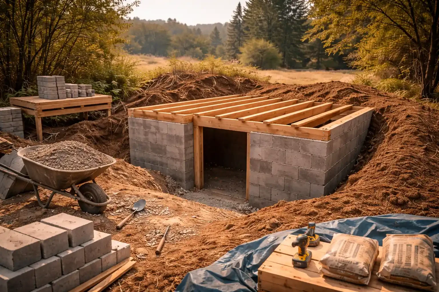 Under construction of a retaining wall with cinder blocks in a rural area, surrounded by trees and dirt, with building materials and tools such as a wheelbarrow, shovel, and power drills visible.