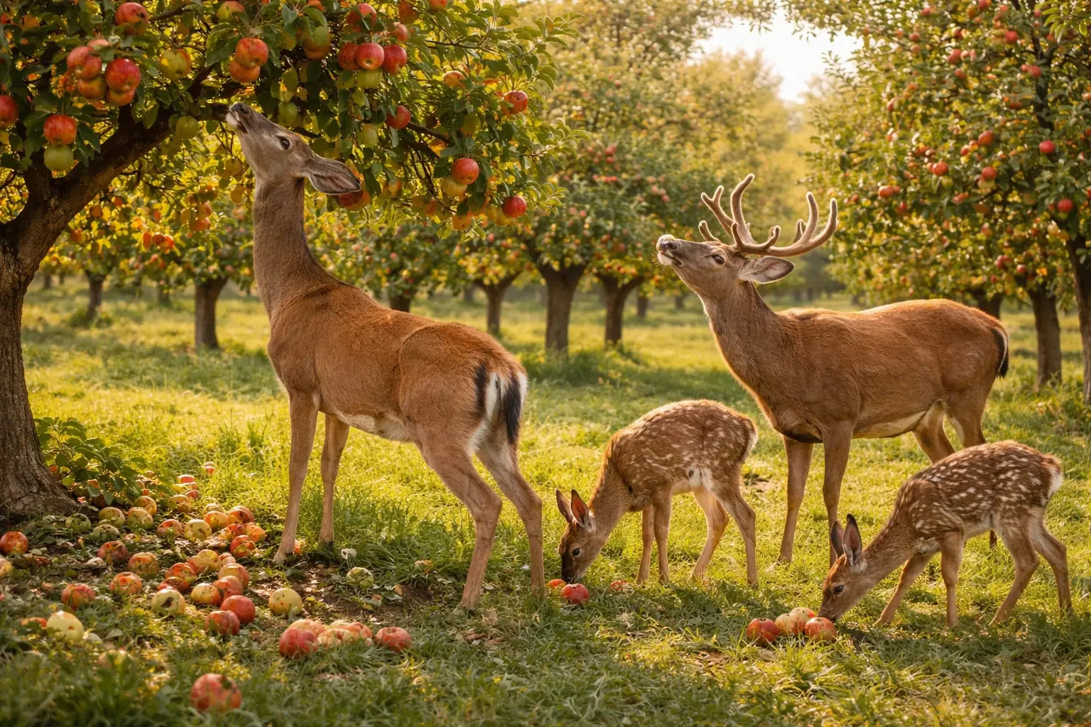 Deer family foraging in apple orchard