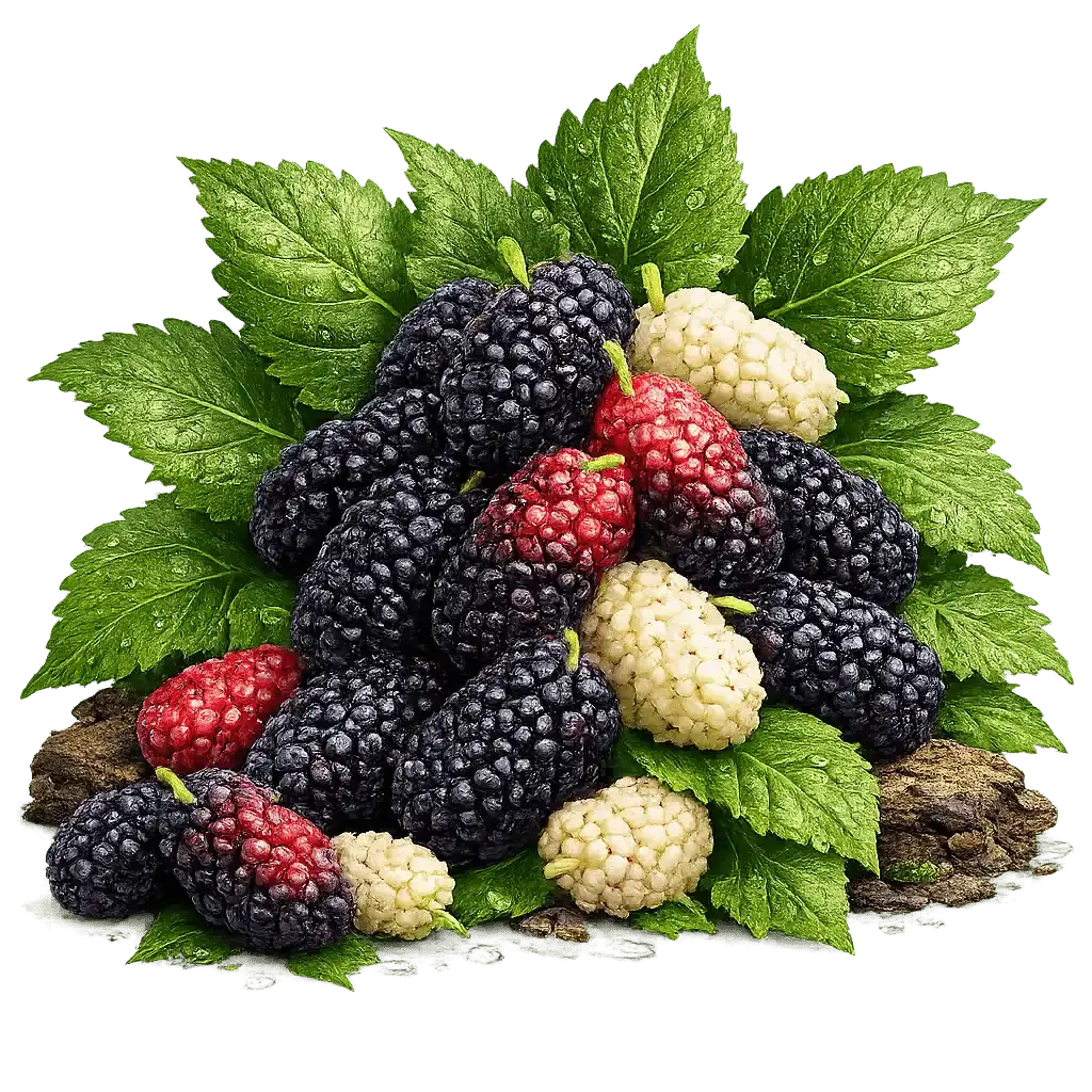 Mulberry cluster with vibrant leaves