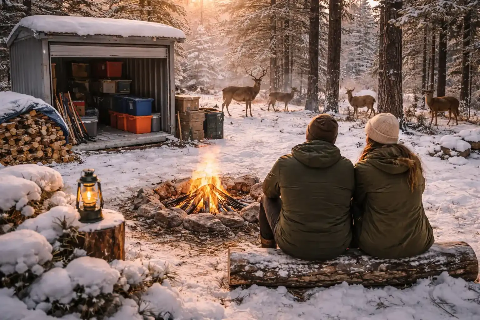 Two people sitting by a campfire in a snowy forest, watching a group of deer in the distance near a shed with stacked firewood and camping supplies, during sunset.