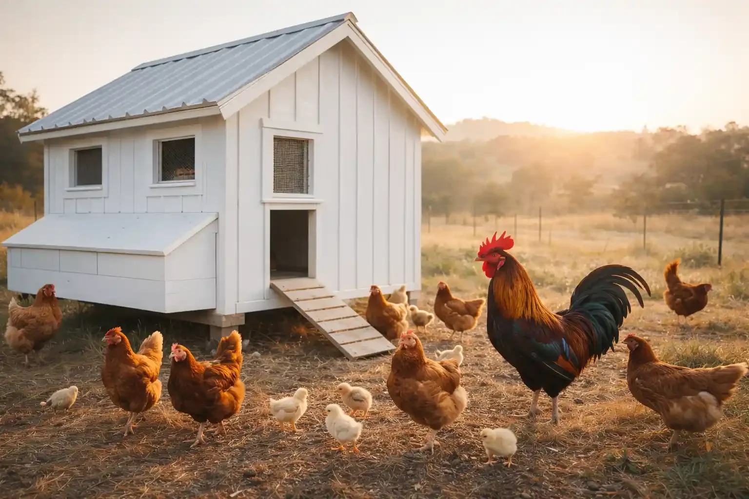 A white chicken coop with a ramp, surrounded by chickens and chicks in a farm setting during sunset.