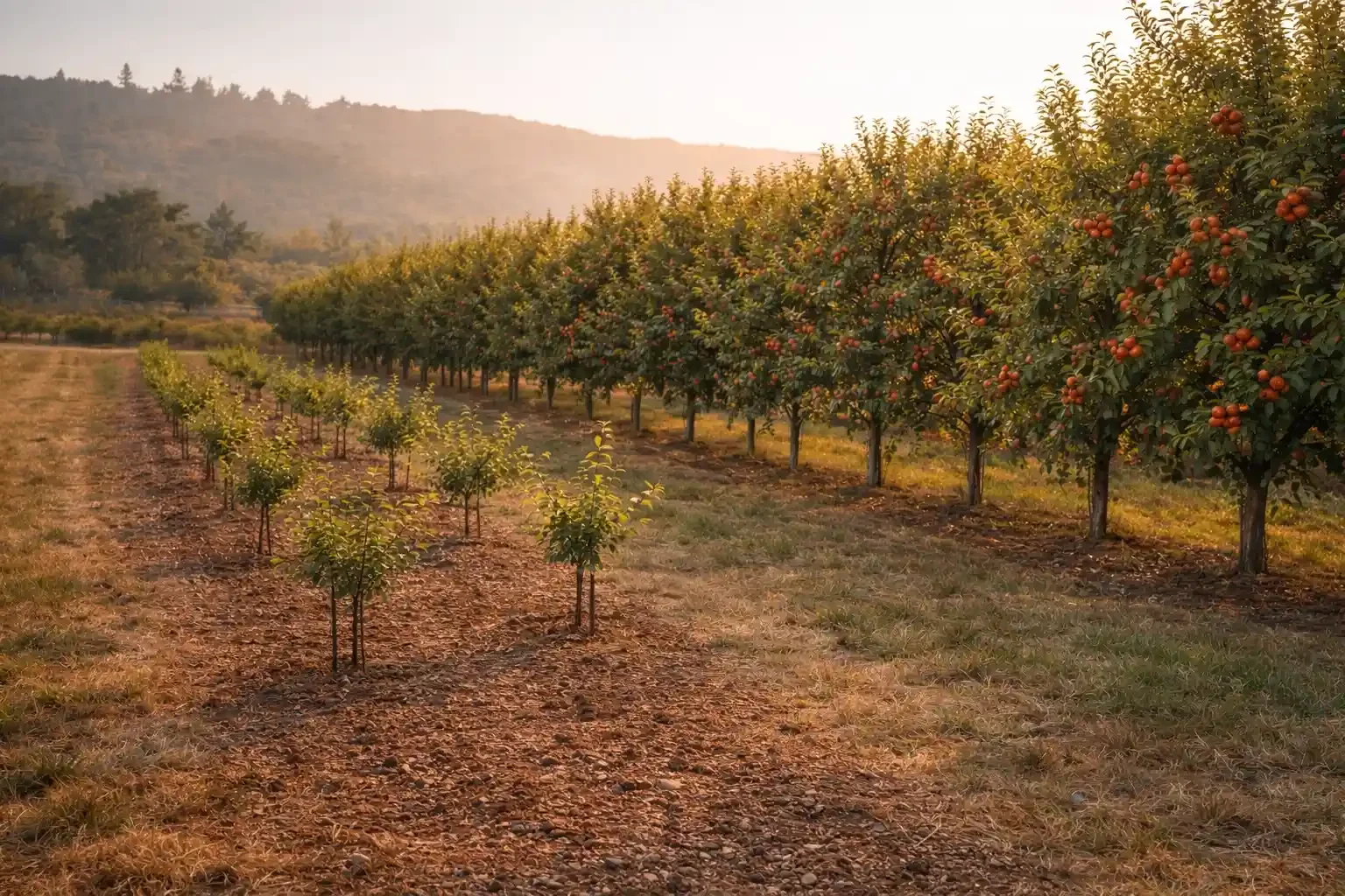 Orchard of fruit trees, possibly orange or peach, in a rural setting during sunset with hills in the background.
