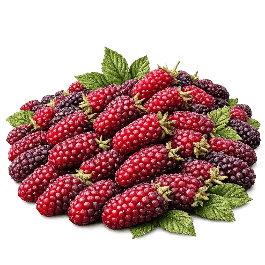 Ripe loganberries with green leaves