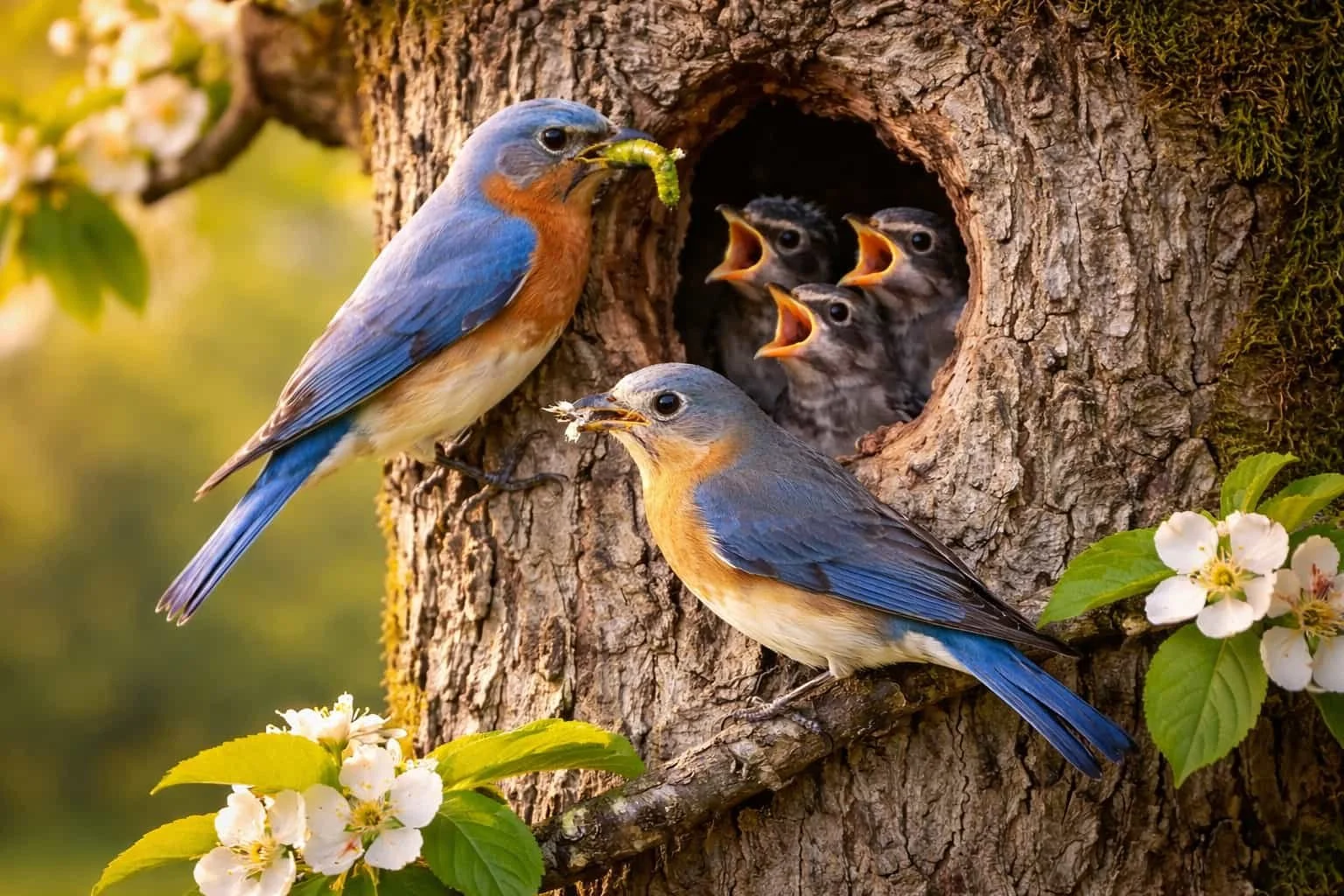A nest with five baby birds inside a tree trunk, and two adult birds feeding them, surrounded by blooming white flowers.