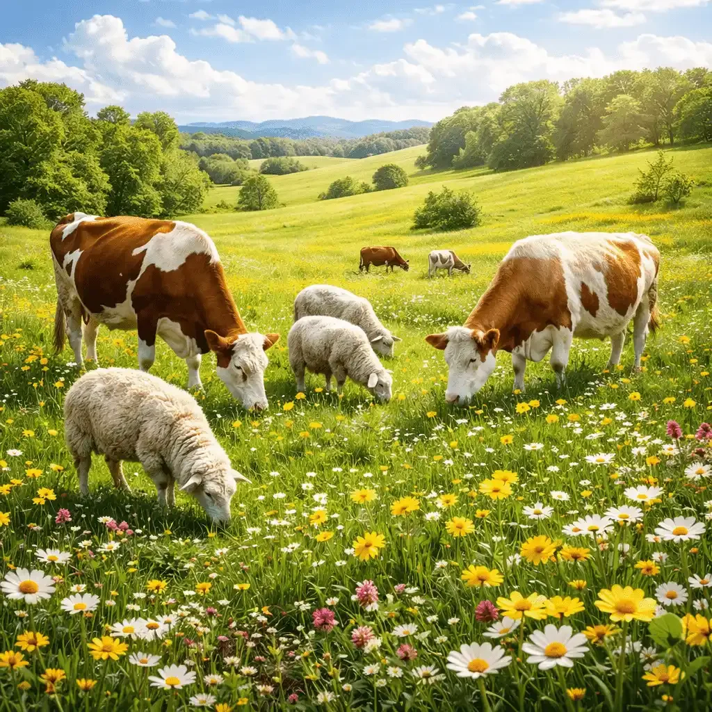 Grazing animals in a sunlit meadow