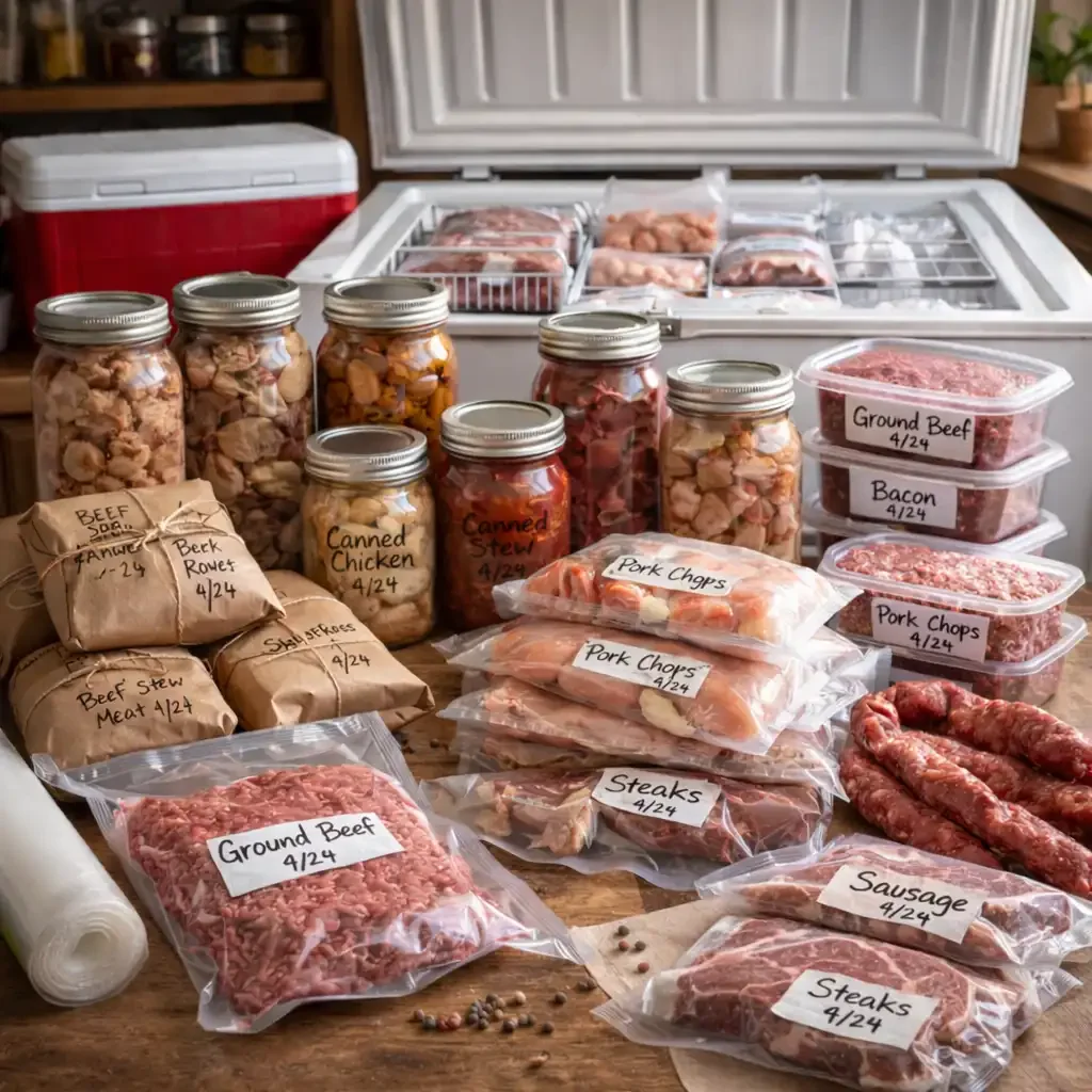 Organized meats on a rustic kitchen counter