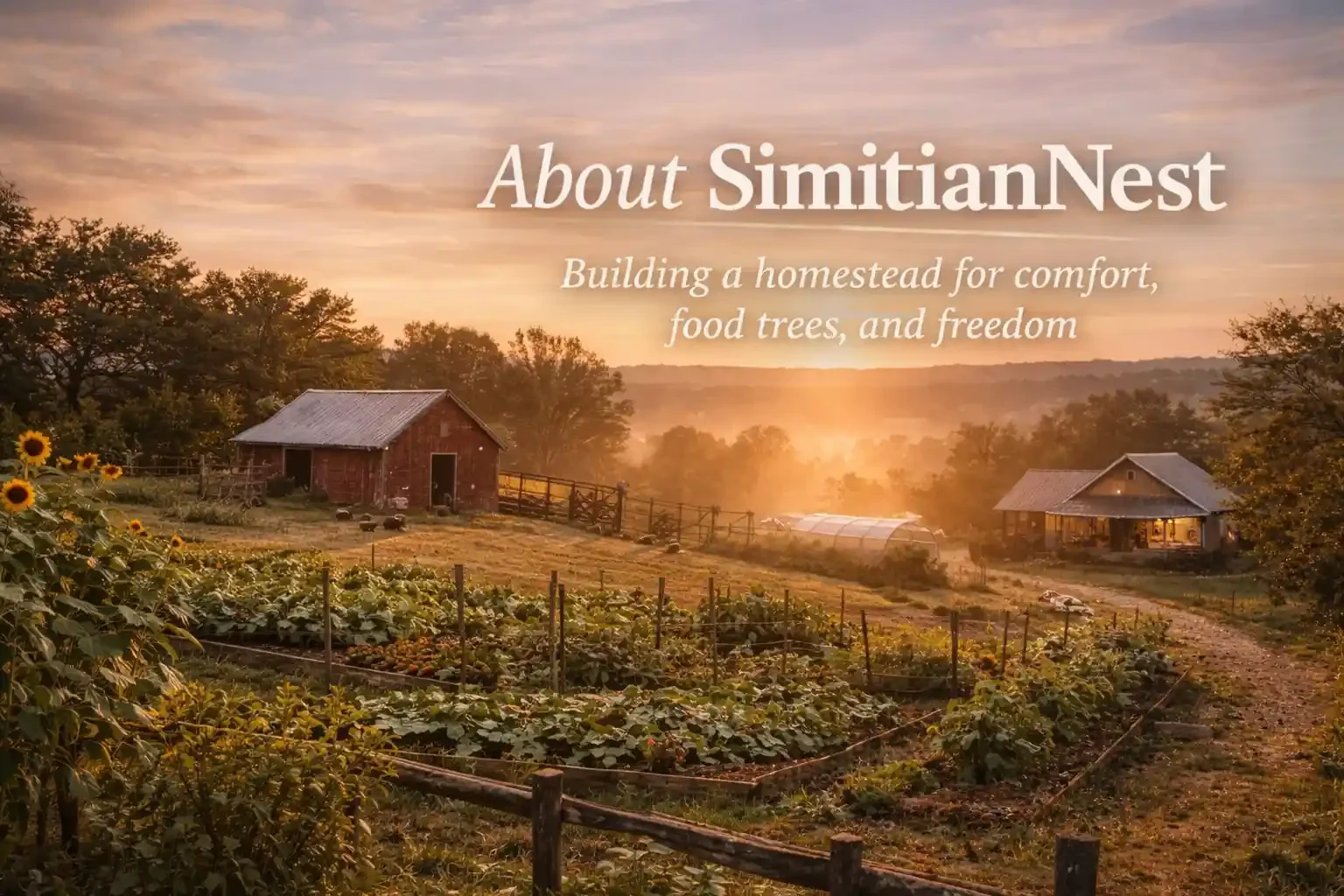 A scenic farm landscape at sunset with two farmhouses, vegetable garden, sunflowers, and rolling hills in the background, with overlay text about SimitianNest.