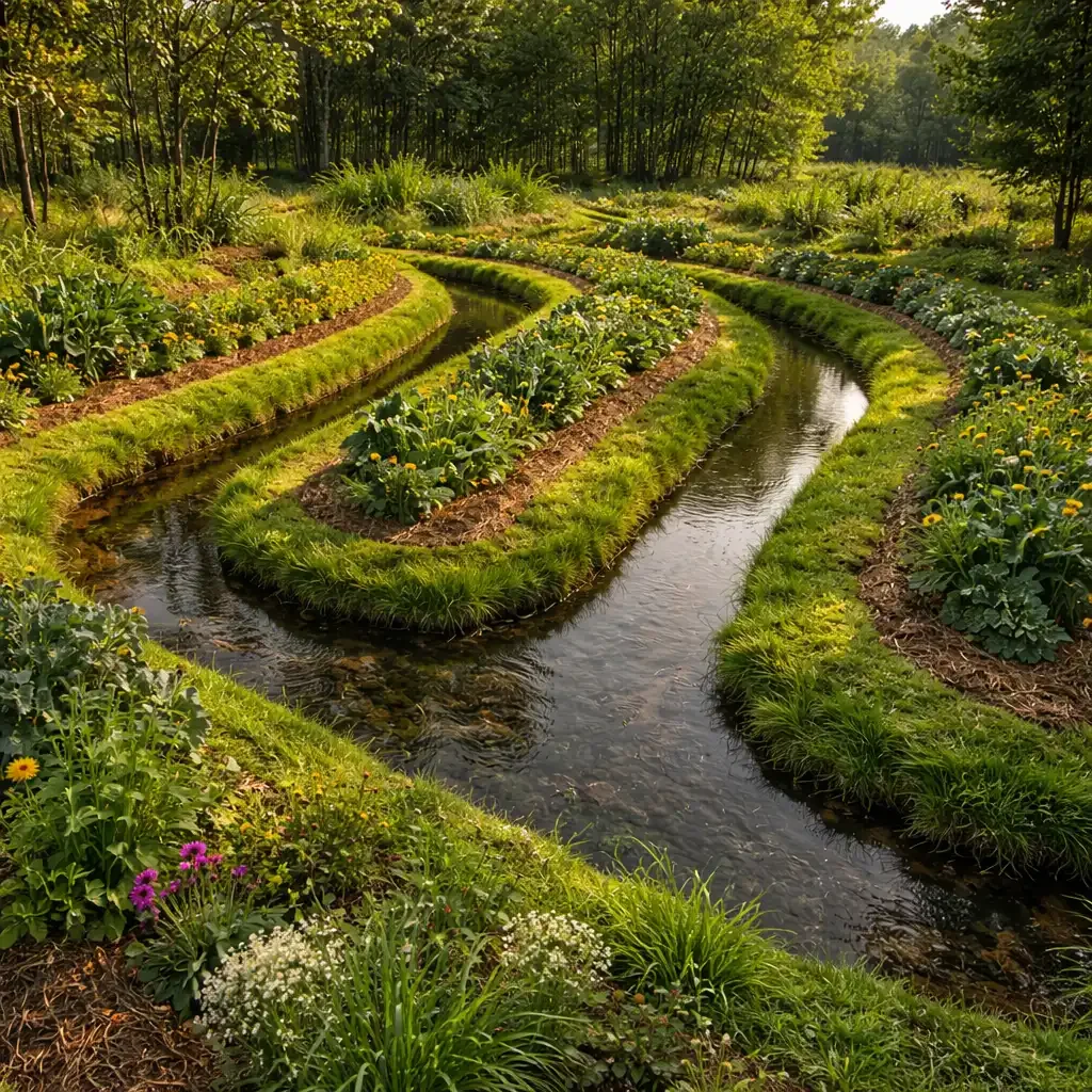 Lush permaculture farm at sunset