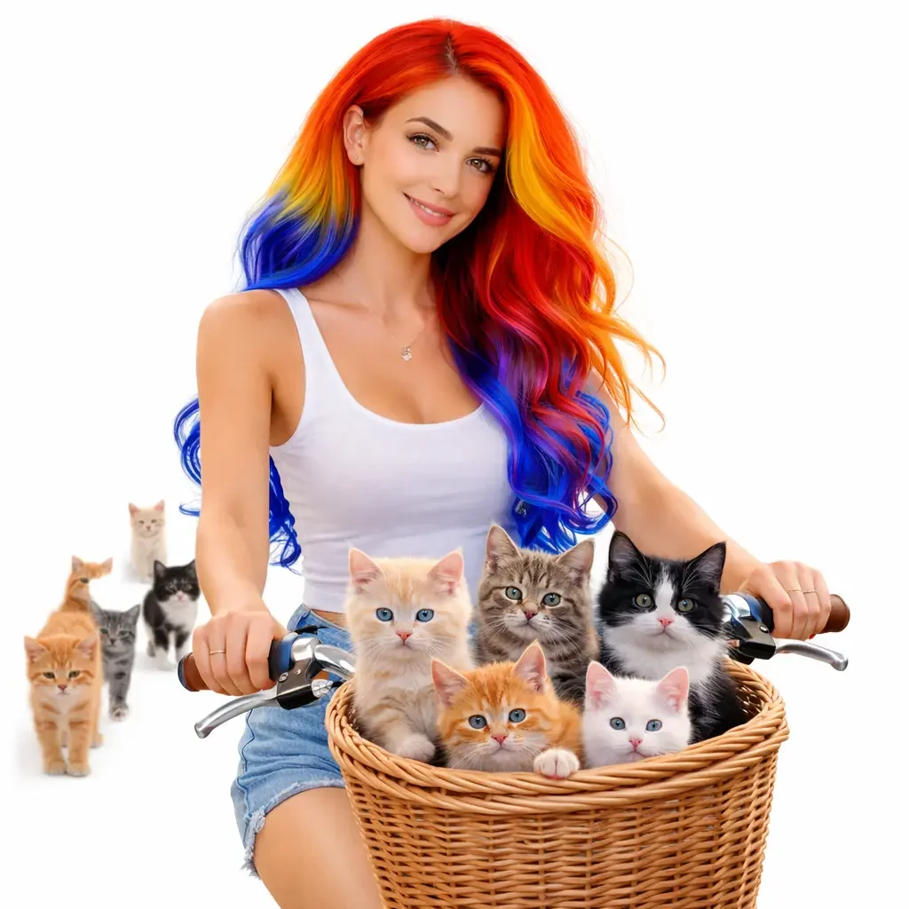 Woman biking with kittens on a path