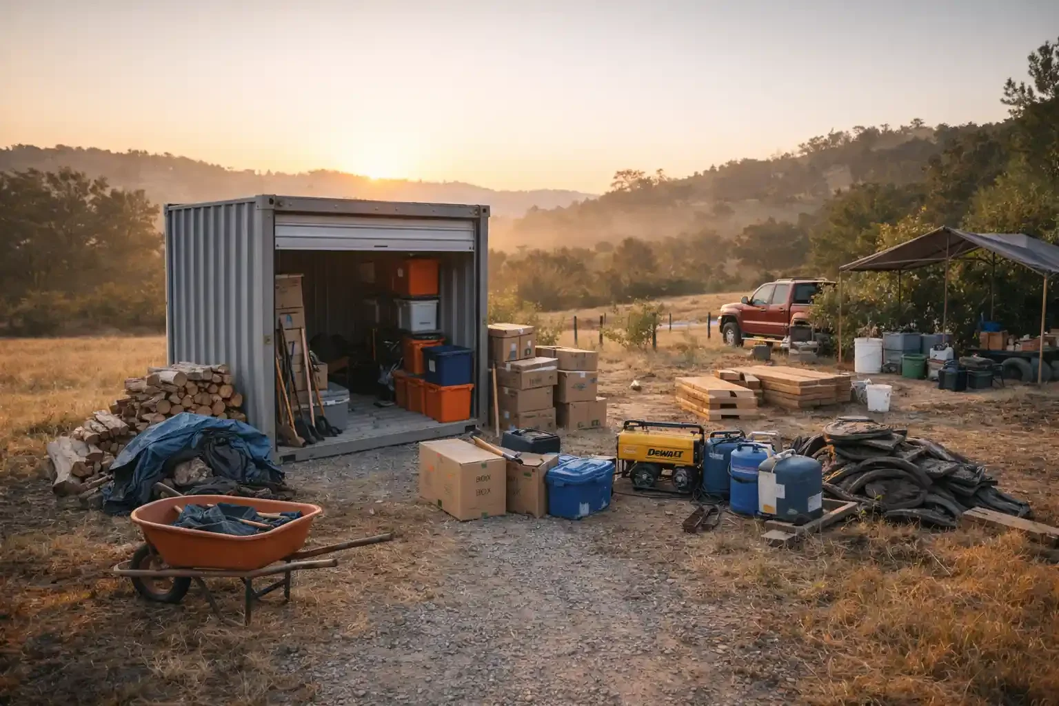 Outdoor scene with a metal storage shed filled with tools and boxes, a wheelbarrow with tools, a red pickup truck, and various equipment and supplies on the ground, at sunset in a rural area with mountains in the background.