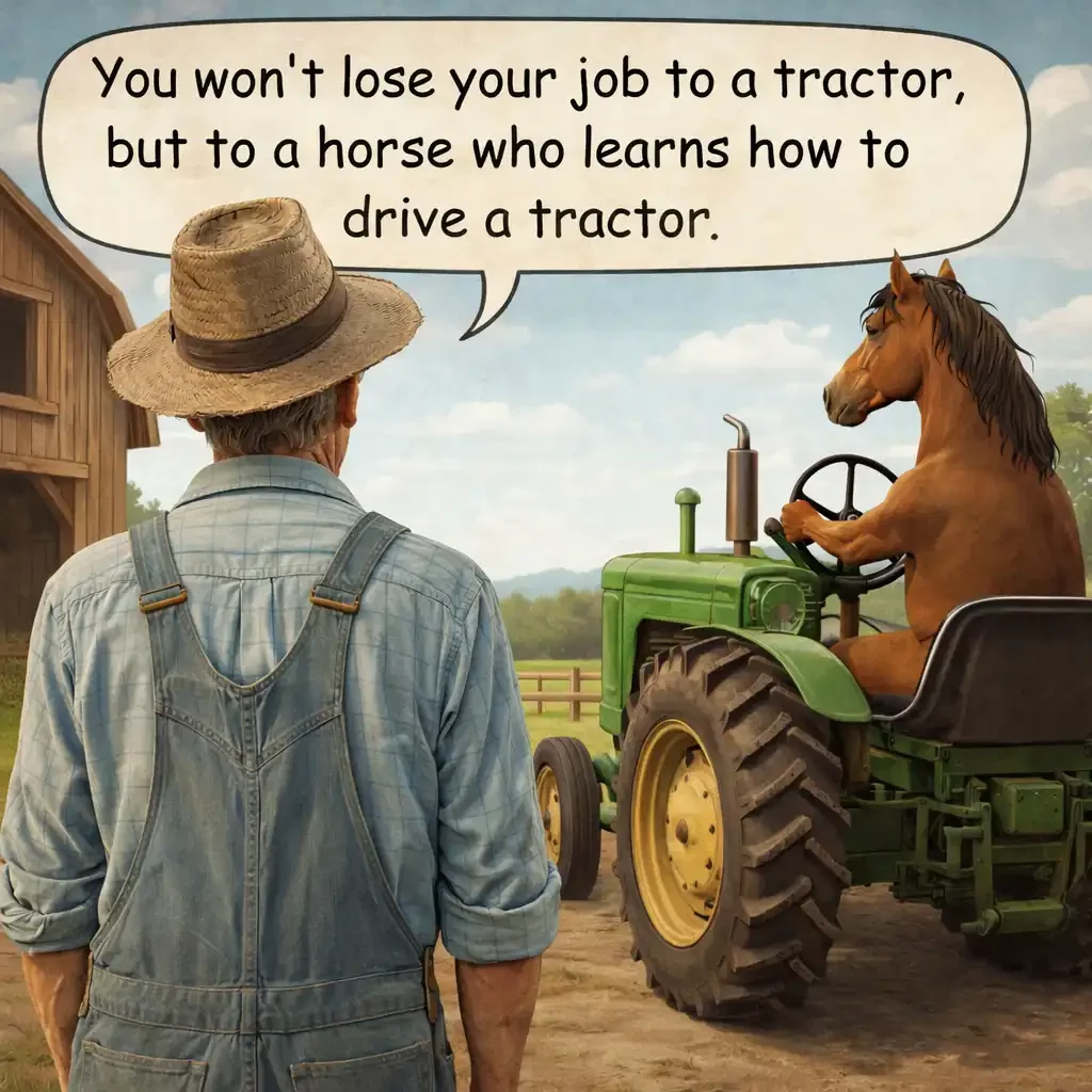 Horse driving tractor with farmer's gaze