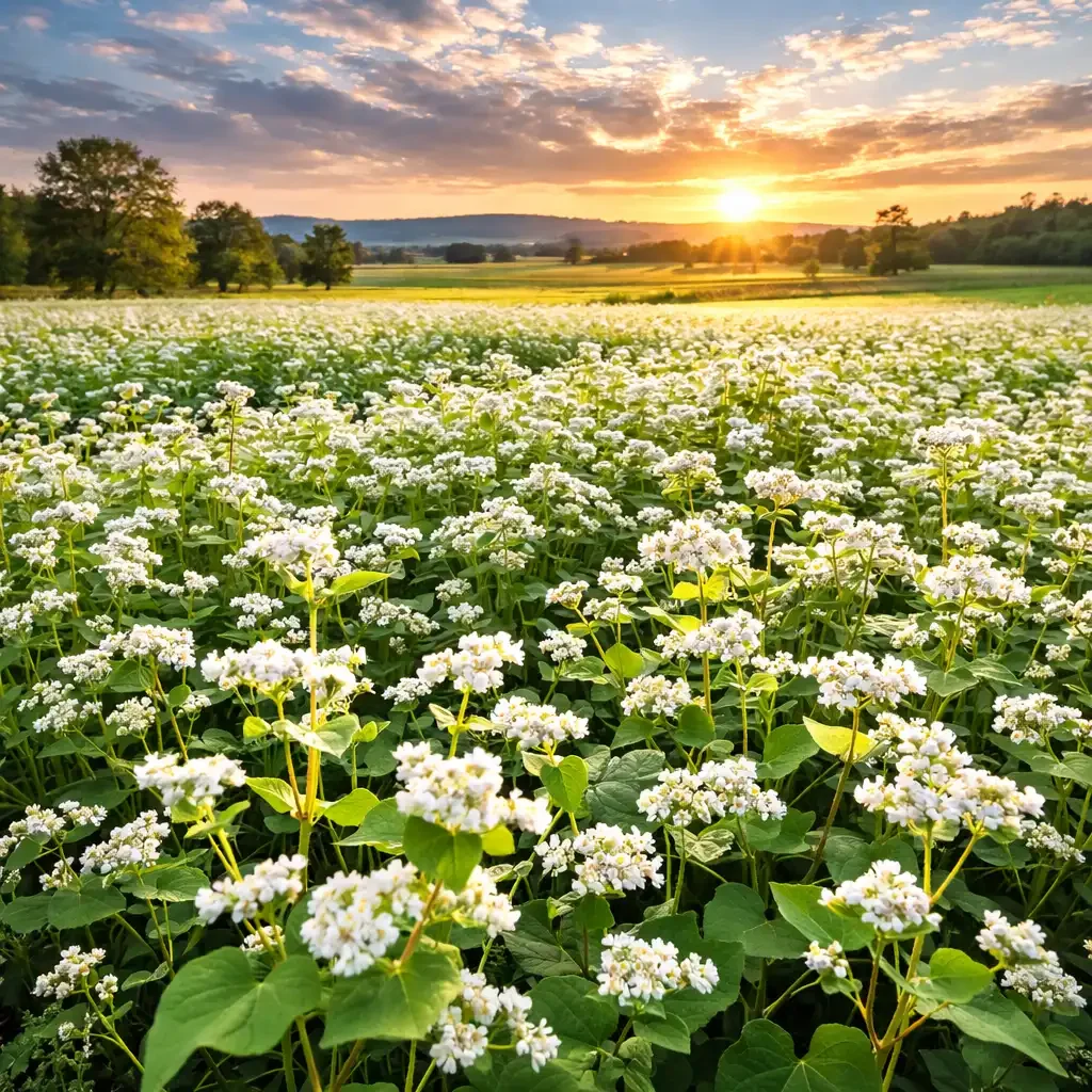 Sunset over a blooming countryside field