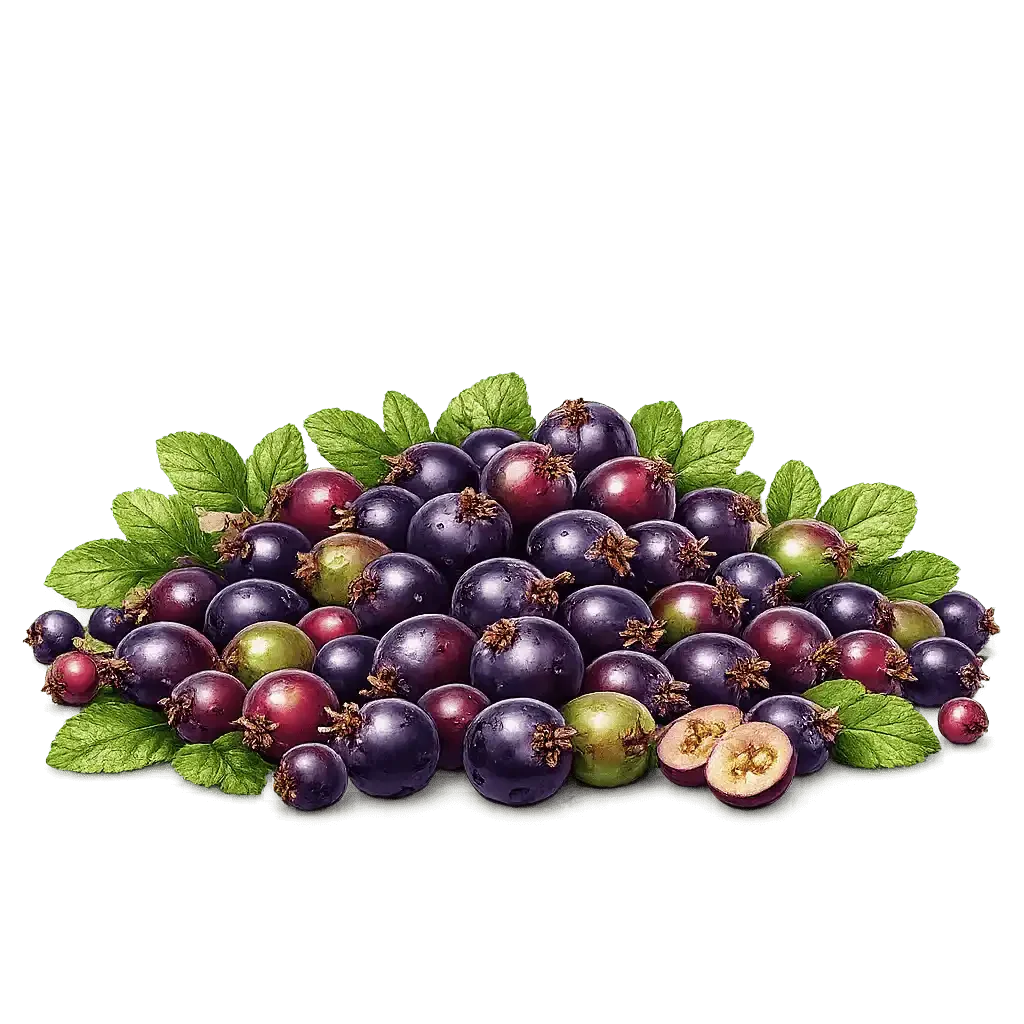 Ripe jostaberries with dew and leaves