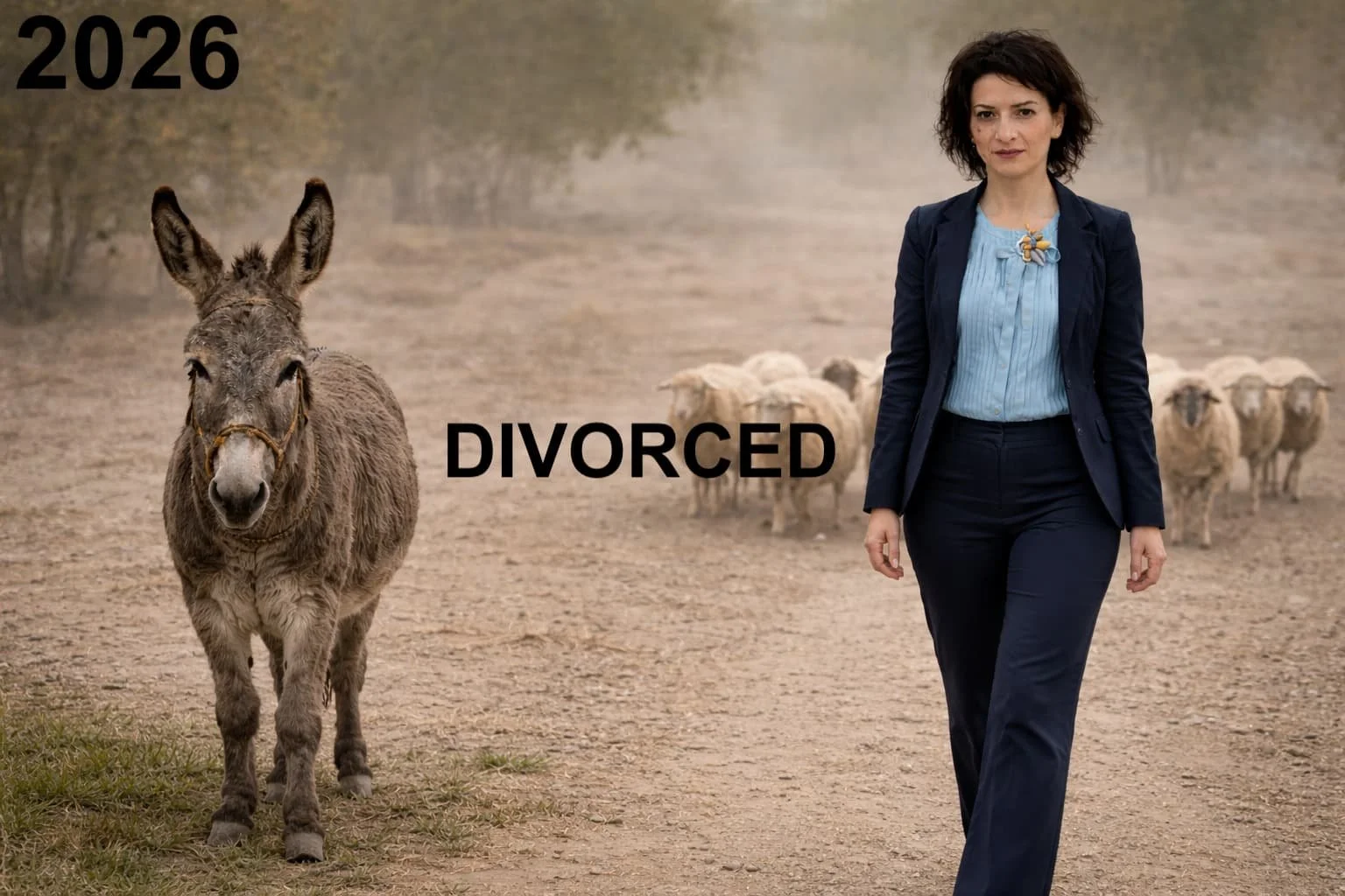 A woman in business attire walking outdoors on a dirt path with sheep and a donkey in the background. The word "DIVORCED" is overlaid in black text. The year "2026" appears in the top left corner.