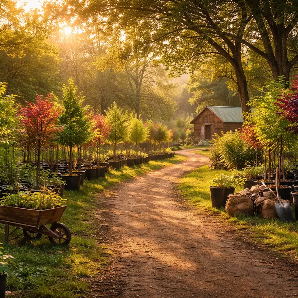 sunlit tree nursery path barn