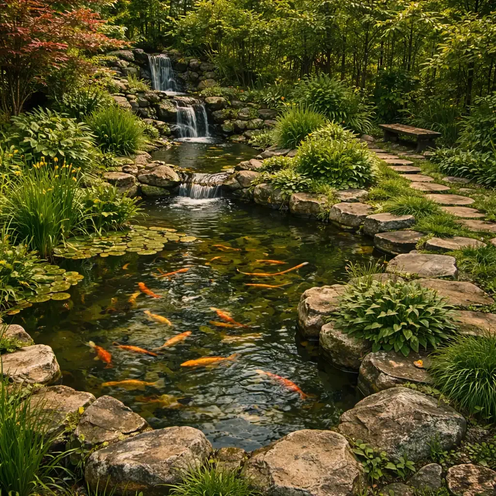 Tranquil koi ponds in a garden