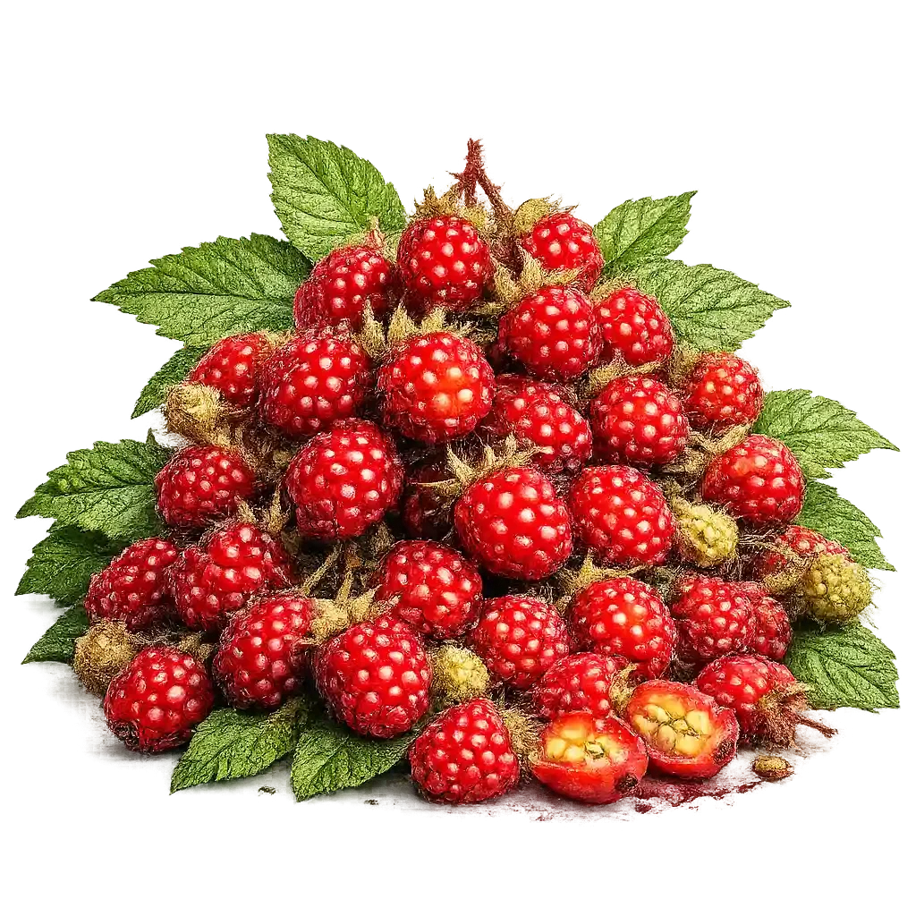 Ripe wineberries with golden interiors