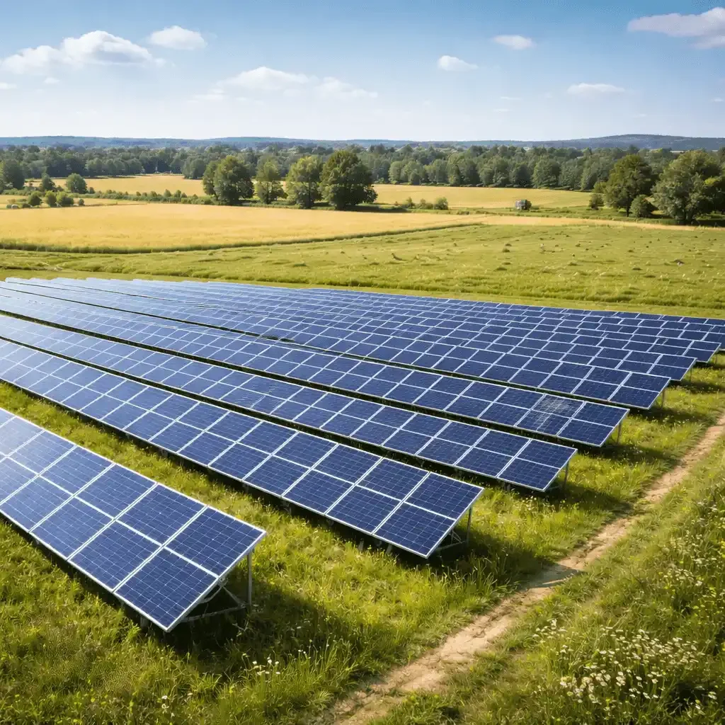 Solar farm in golden landscape
