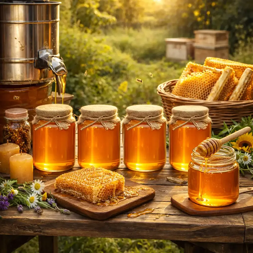 Honey harvest in warm afternoon light