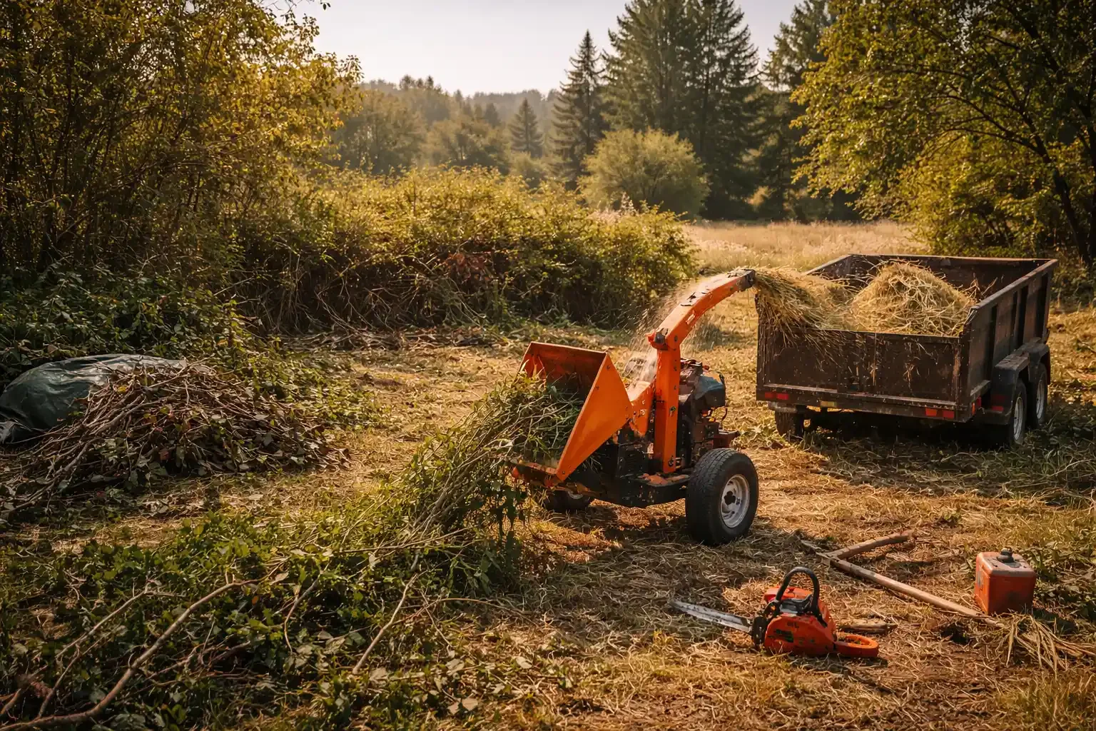 A chainsaw and a wood chipper in operation on a farm or woodland clearing, with a trailer filled with branches, surrounded by trees and bushes in warm, golden sunlight.